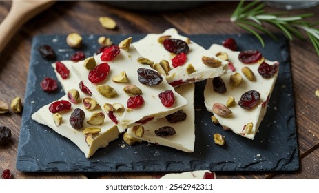 White Chocolate Bark: Pieces of white chocolate bark adorned with dried cranberries and pistachios, set on a dark slate board with a wooden spoon and fresh rosemary sprig. - Powered by Shutterstock