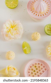 White Chocolate Candies And Lemon Slices On White Background. Food Styling. Spring And Summer Comfort Food.