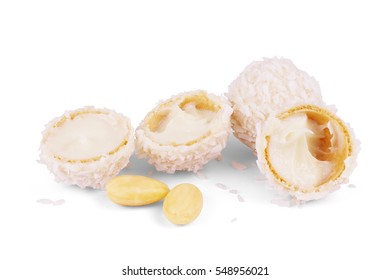 White Chocolate Candy With Coconut Topping On White Background