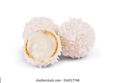 White Chocolate Candy With Coconut Topping On White Background