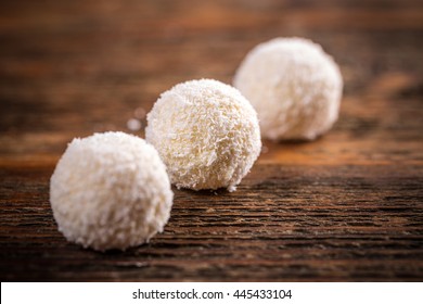 White Chocolate Candy Coconut Truffles In Row