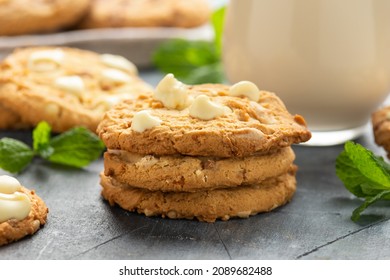 White Chocolate Caramel Soft Baked Cookies Served With Glass Of Milk