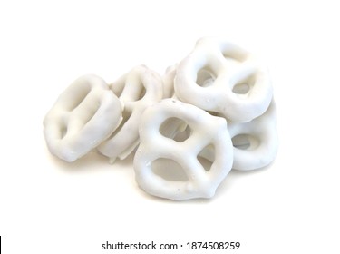 White Chocolate Covered Pretzels On White Background 