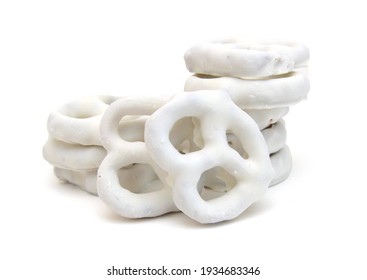 White Chocolate Covered Pretzels On White Background 