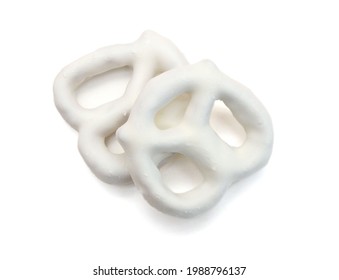 White Chocolate Covered Pretzels On White Background 