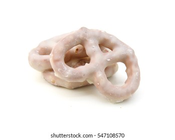 White Chocolate Covered Pretzels On White Background 