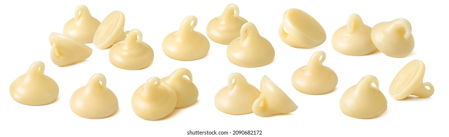 White chocolate drops or chips set isolated on white background. Sweet details. Package design element with clipping path. Full depth of field - Shutterstock ID 2090682172