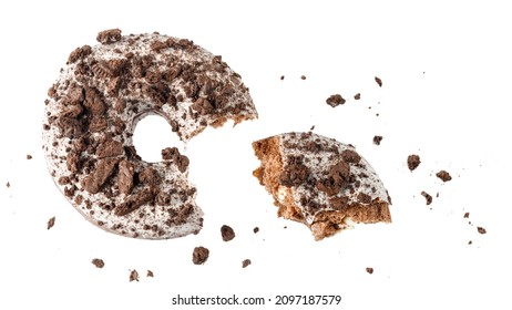 White Chocolate Glazed Donut With Cookies Crumbs And Creme Filled Flying. Bitten Sweet Doughnut Isolated On White Background.