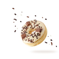 White Chocolate Glazed Donut With Dark Crumbs And Creme Filled Closeup Flying. Sweet Doughnut With Sprinkles Falling Isolated On White Background