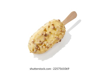 White chocolate ice cream on a stick on white background