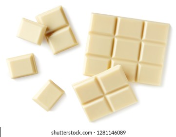 White Chocolate Pieces Isolated On White Background. Top View