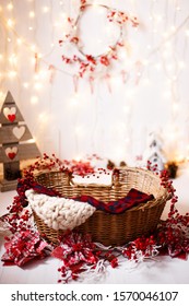 White christmas corner with red decorations as a newborn photography digital backdrop