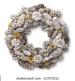 White Christmas Door Wreath Decoration Made Of Pine And Fir Cones