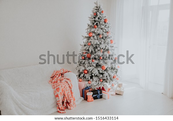 White Christmas Tree Bedroom Interior Gifts Stock Photo