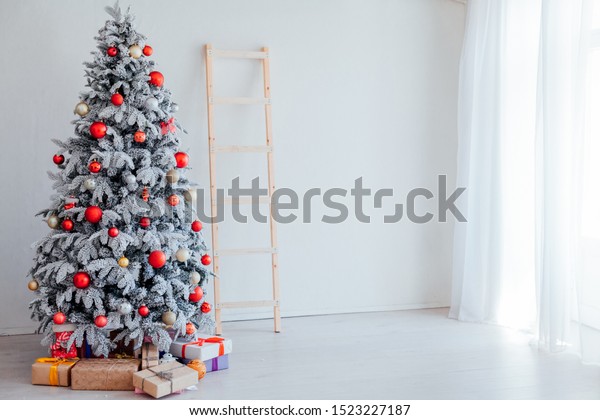 White Christmas Tree Bedroom Interior Gifts Stock Photo