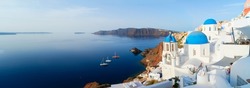 White Church Belfry, Blue Domes And Volcano Caldera With Sea Landscape, Beautiful Details Of Santorini Island, Greece, Wide Web Banner Format