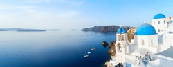 White Church Belfry, Blue Domes And Volcano Caldera With Sea Landscape, Beautiful Details Of Santorini Island, Greece, Web Banner Format