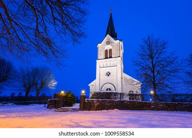 White Church In Small Village Of Sweden At Night