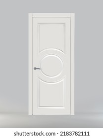 White classic interior door with a circle on a gray background. Front view. Ral 9003. Beautiful door for the house - Shutterstock ID 2183782111