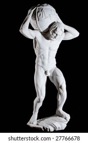 White classic statue of titan Atlas isolated on black background
