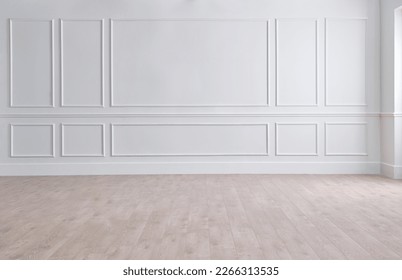 White classic wall background, brown parquet floor, home furniture detail, frame and vase of plant. - Shutterstock ID 2266313535