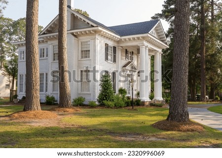 A White Classical Revival House with Large Columns in the American South.