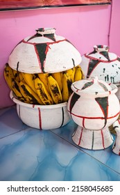 White clay jug, Cappadocia, Turkey. Living jug, Turkey. Traditional jugs of various colors. Cappadocia Jug