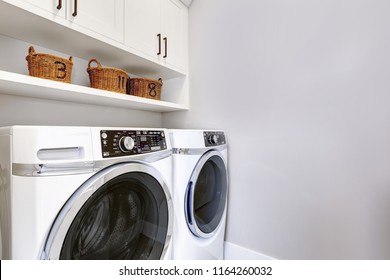 White Clean Laundry Room Modern With Washer And Dryer