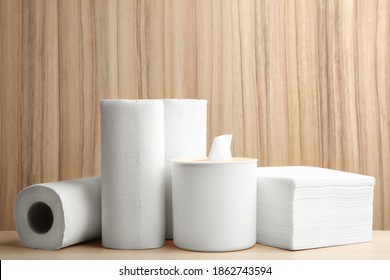 White clean paper tissues on wooden table