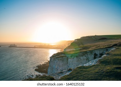 White Cliffs Of Dover, UK. Facing The Port, Shot During Sunset In February.