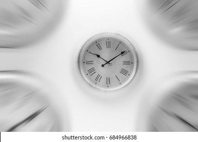 White Clock Time With Zoom Motion Blur Moving Pass Focus Fast Speed Business Hour Concept.