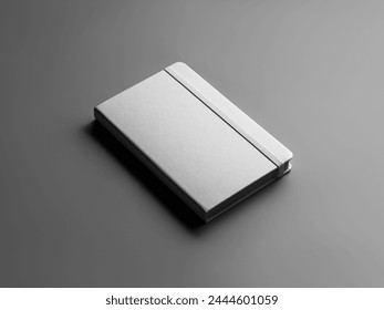 White closed notebook template with elastic band, textured hard cover, notepad presentation diagonally, for design, branding. Mockup of an empty  organizer, isolated on a background with shadows.