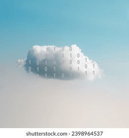 White cloud with binary numbers on it, blue sky in the background. Cloud computing.