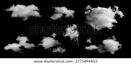 White cloud collection isolated on black background, realistic sky cloud shapes, fluffy vapor textures, atmospheric elements for design, weather concept, abstract cloud pack for graphic and visual.