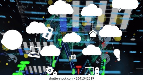 White cloud network displaying hanging icons in data hub with padlock laptop smartphone icons. Technology, cybersecurity, data visualization, digital infrastructure, innovation, connectivity,