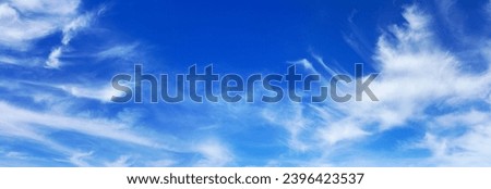 White сirrus clouds clear blue sky panorama background, cirrostratus cloud, fluffy cumulus clouds, cloudy skies texture, cloudscape backdrop, sunny heaven, cloudiness weather, ozone layer, copy space