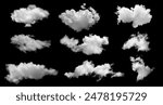 White clouds collection isolated on black background, cloud set on black. fluffy white cloudscape texture. Black sky nature background, cloudy, black and white, horizontal
