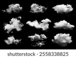 White clouds collection isolated on black background, cloud set on black. fluffy white cloudscape texture. Black sky nature background, cloudy