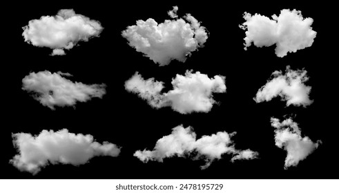 White clouds collection isolated on black background, cloud set on black. fluffy white cloudscape texture. Black sky nature background, cloudy, black and white, horizontal
