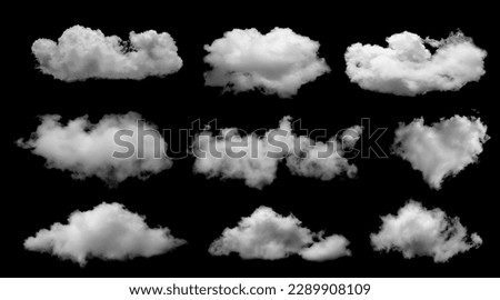 White clouds collection isolated on black background, cloud set on black