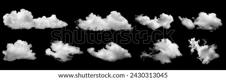 White clouds collection isolated on black background, cloud set on black. fluffy white cloudscape texture. Black sky nature background, cloudy, black and white, horizontal