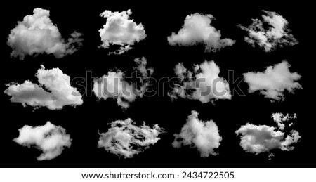White clouds collection isolated on black background, cloud set on black. fluffy white cloudscape texture. Black sky nature background, cloudy, black and white, horizontal