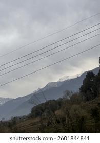White clouds float in the blue sky, towering mountains stand tall in the distance. Lush green trees sway gently in the breeze, embracing the serene beauty of nature.