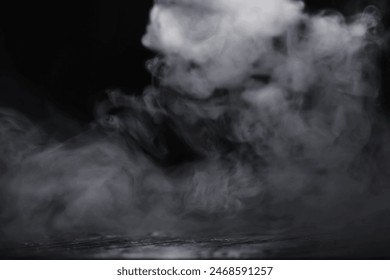 White clouds of vapor smoke are isolated on a black background. Gas explodes, swirl and dances in space. A magic fog dust texture effect that can be used by overlay and changing their transparency. - Powered by Shutterstock