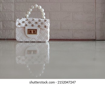 White Clutch Bag With Pearl Handle