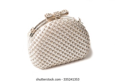 White Clutch With Diamonds On Isolated White Background