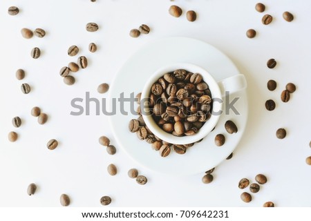White Coffee Cup coffee beans. isolate. Toning