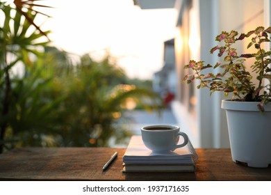 White Coffee Cup And Coleus Plant On Wooden Table