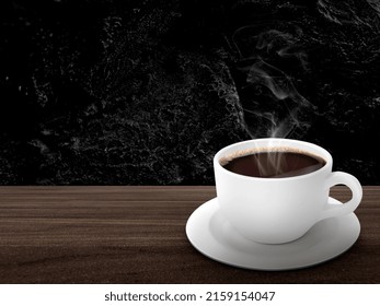 White Coffee Cup With Smoke On Wood Counter. Black Stone Wall Background