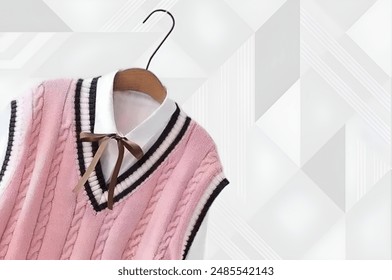 White Collar and Brown Bow Tie on Pink uniform Sweater Vest with Geometric Template Background - Powered by Shutterstock